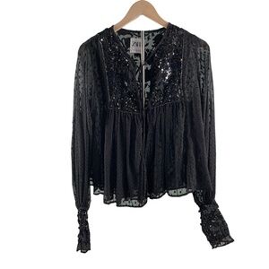 ZARA Black Sequin Plumetis Jacket Women XS Whimsigoth Boho Glam Minimalist Chic